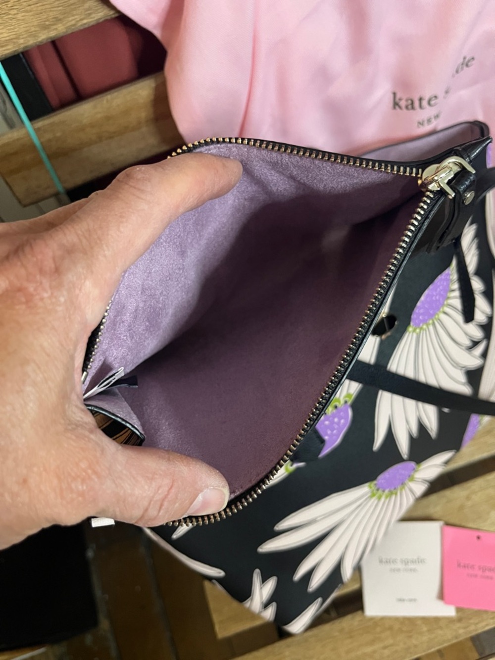 NEW kate spade black floral tote pink & purple daisy accent MOLLY Falling Flower - Picture 6 of 8